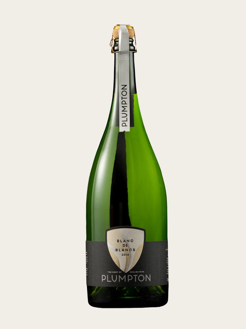 A green glass bottle of Plumpton Blavo de Blandon sparkling wine with a black label and gold foil, centered on a light beige background.