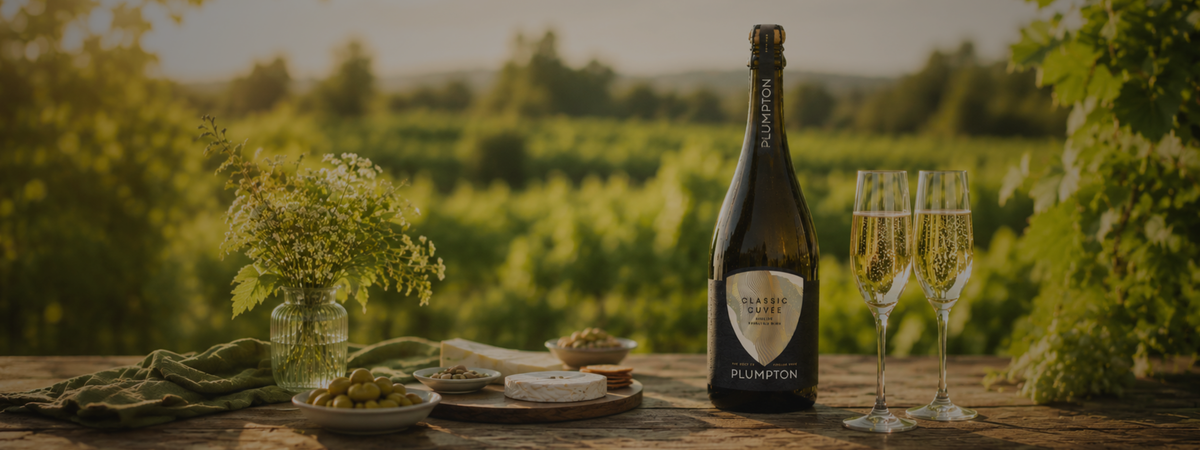 A bottle of Plumpton sparkling wine and two filled champagne flutes on a wooden table outdoors, with cheese, olives, and a small vase of flowers in a sunlit vineyard setting.